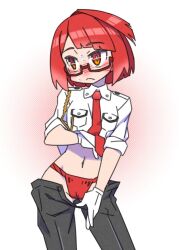 Rule 34 | 1girl, :&lt;, black pants, breast pocket, cameltoe, cannsk, clothes lift, clothes pull, commentary request, commission, contrapposto, cowboy shot, frown, fundoshi, glasses, gloves, gluteal fold, indie virtual youtuber, japanese clothes, medium hair, navel, necktie, open fly, orange eyes, pants, pants pull, pocket, red-framed eyewear, red fundoshi, red hair, red necktie, semi-rimless eyewear, shirt lift, single hair intake, skeb commission, solo, under-rim eyewear, virtual youtuber, white gloves, yokota mary
