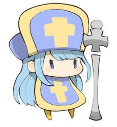 Rule 34 | 1girl, aqua hair, bodysuit, chibi, cross, dragon quest, dragon quest iii, full body, hat, long hair, lowres, mitre, mota, priest (dq3), simple background, solo, staff, tabard, white background