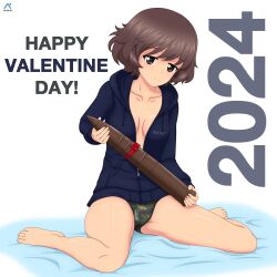 Rule 34 | 1girl, 2024, absurdres, acrux, akiyama yukari, artist logo, barefoot, bed sheet, blue hoodie, breasts, brown eyes, brown hair, camouflage, camouflage panties, chocolate, closed mouth, commentary, dated, english commentary, english text, girls und panzer, green panties, happy valentine, highres, holding, hood, hood down, hoodie, looking at viewer, messy hair, no bra, on bed, panties, partially unzipped, short hair, sitting, small breasts, smile, solo, tank shell, underwear, valentine, wariza