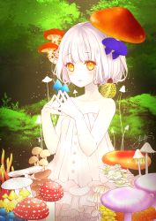Rule 34 | 1girl, ahira yuzu, artist name, blush, closed mouth, commentary request, dress, fern, forest, frown, grass, highres, layered dress, mushroom, nature, orb, original, own hands together, signature, solo, strapless, strapless dress, white dress, white hair, yellow eyes