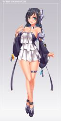 Rule 34 | 1girl, black hair, blue eyes, blush, breasts, cleavage, detached collar, detached sleeves, dress, frilled dress, frills, full body, hair ornament, highres, large breasts, long hair, looking at viewer, midnight (banyex), original, short dress, smile, solo, wide sleeves