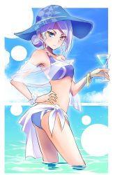 Rule 34 | 1girl, bikini, blue bikini, breasts, cocktail glass, cup, drink, drinking glass, hand on own hip, hat, iesupa, mature female, rwby, scrunchie, see-through, solo, swimsuit, wading, water, white hair, winter schnee, wrist scrunchie