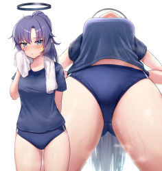 Rule 34 | 1girl, arms behind back, blue archive, blue eyes, blush, breasts, buruma, cowboy shot, from below, gluteal fold, halo, highres, holding, holding towel, kamuchin soda, long hair, looking at viewer, medium breasts, multiple views, paid reward available, ponytail, shirt, short sleeves, simple background, standing, steam, steaming body, sweat, thighs, towel, towel around neck, very long hair, wet, white background, yuuka (blue archive), yuuka (track) (blue archive)