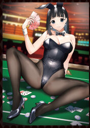 Rule 34 | 1girl, animal ears, arm up, arms behind back, bare shoulders, black bow, black bowtie, black footwear, black hair, black hairband, black leotard, black pantyhose, blue eyes, blush, bob cut, bow, bowtie, card, casino, detached collar, doushimasho, earrings, fake animal ears, hairband, high heels, highres, holding, holding card, indoors, jewelry, leotard, looking at viewer, original, pantyhose, playboy bunny, playing card, poker chip, poker table, rabbit ears, short hair, solo, spread legs, strapless, strapless leotard, table, wrist cuffs