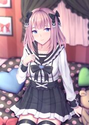 Rule 34 | 1girl, absurdres, aino iris, black bow, black ribbon, black sailor collar, black skirt, blue eyes, blush, bow, closed mouth, collarbone, commentary request, curtains, hair bow, hair ribbon, heart, heart-shaped pillow, highres, indie virtual youtuber, indoors, long hair, long sleeves, ohguro mariya, pillow, pink hair, red bow, ribbon, sailor collar, sailor shirt, shirt, sitting, skirt, smile, solo, striped clothes, striped thighhighs, stuffed animal, stuffed toy, teddy bear, thighhighs, virtual youtuber, white shirt