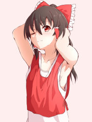 Rule 34 | 1girl, ;3, armpits, arms behind head, arms up, black hair, blush, bow, commentary, hair bow, hair tubes, hakurei reimu, highres, hiro (pqtks113), large bow, layered clothes, long hair, red eyes, smile, solo, tank top, touhou, upper body