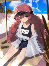 Rule 34 | 1girl, absurdres, bare legs, beach, beach towel, beach umbrella, blue archive, blue one-piece swimsuit, blue sky, bongnom, book, closed mouth, cloud, commentary, day, expressionless, grey eyes, halo, head tilt, highres, iroha (blue archive), jacket, long hair, off shoulder, one-piece swimsuit, open clothes, open jacket, outdoors, red hair, sand, sandals, unworn sandals, school swimsuit, sitting, sky, slit pupils, solo, sunlight, swimsuit, thigh gap, towel, umbrella, very long hair, visor cap, wavy hair, white jacket