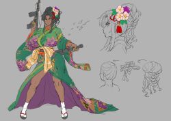 Rule 34 | 1girl, breasts, character sheet, dark-skinned female, dark skin, flower, flower on head, gun, highres, huge breasts, japanese clothes, kimono, knife, lilith-soft, mirabell bell, multiple views, muscular, muscular female, nail polish, obui, rifle, serious, sheath, simple background, sketch, taimanin (series), taimanin rpgx, thick thighs, thighs, unsheathing, weapon, yukata