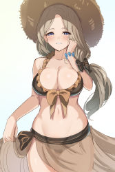 Rule 34 | 1girl, bikini, blonde hair, blue eyes, blush, bow, breasts, brown bikini, closed mouth, fire emblem, fire emblem: three houses, fire emblem heroes, hair bow, hat, highres, large breasts, long hair, looking at viewer, mercedes von martritz, navel, nintendo, sarong, simple background, solo, straw hat, swimsuit, tadtadyajyaj