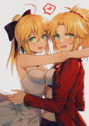 Rule 34 | 2girls, absurdres, ahoge, artoria pendragon (all), artoria pendragon (fate), bare shoulders, black bow, blonde hair, blush, bow, braid, breasts, cleavage, cowboy shot, detached collar, dress, fate/grand order, fate (series), french braid, green eyes, grey background, hair between eyes, hair bow, hair ornament, hair scrunchie, heart, highres, imminent hug, jacket, long hair, long sleeves, looking to the side, medium breasts, mordred (fate), mordred (fate/apocrypha), mordred (memories at trifas) (fate), mother and daughter, multiple girls, open clothes, open jacket, parted bangs, ponytail, red jacket, saber lily, scrunchie, sidelocks, simple background, speech bubble, spoken heart, strapless, strapless dress, teeth, v-shaped eyebrows, white dress, yorukun