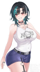 1girl belt black_belt black_hair blush breasts closed_mouth covered_navel earrings green_hair hand_on_own_chest highres hololive hololive_dev_is jewelry large_breasts looking_at_viewer multicolored_hair o-ring o-ring_thigh_strap purple_shorts rindo_chihaya ring shirt short_hair shorts smile solo streaked_hair suzuori_fika thigh_strap virtual_youtuber white_background white_hair white_shirt