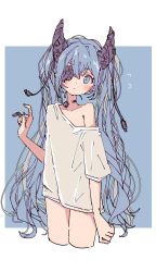 Rule 34 | 1girl, 3774., barcode, barcode tattoo, bare shoulders, blue eyes, blue hair, blush, border, cable, closed mouth, collarbone, eyepatch, fingernails, flying sweatdrops, hair between eyes, hatsune miku, highres, horns, long fingernails, long hair, mechanical horns, neck tattoo, shirt, single bare shoulder, solo, sweat, sweatdrop, t-shirt, tattoo, twintails, very long fingernails, very long hair, vocaloid, white border, white shirt