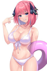 Rule 34 | 1girl, absurdres, bikini, black ribbon, blue eyes, blunt bangs, breasts, butterfly hair ornament, cleavage, commentary request, front-tie bikini top, front-tie top, go-toubun no hanayome, hair ornament, hand up, highres, holding, holding swim ring, innertube, large breasts, looking at viewer, nakano nino, navel, parted lips, pink hair, purple innertube, ribbon, short hair, smile, solo, swim ring, swimsuit, two side up, uyufuzi s, v, white background, white bikini