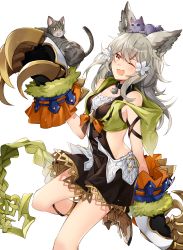 Rule 34 | 1girl, :3, ;3, ;d, absurdres, animal, animal ears, animal on head, bare shoulders, bell, bow, cat, cat on head, claw (weapon), claws, collar, collarbone, erune, fang, flower, granblue fantasy, grey hair, hair flower, hair ornament, highres, hip vent, hizuki miya, leg up, long hair, multiple cats, neck bell, on head, one eye closed, open mouth, sen (granblue fantasy), shoes, smile, weapon, white background