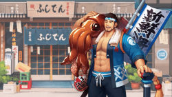 Rule 34 | 1boy, abs, animal, artist request, banner, bara, bare pectorals, beard, black hair, black shorts, bulge, chest hair, closed eyes, facial hair, full body, gyee, happi, headband, highres, japanese clothes, kimono, large pectorals, leg hair, male focus, mature male, muscular, muscular male, navel, navel hair, official alternate costume, official art, official wallpaper, open clothes, open kimono, oversized animal, pectorals, planted, short hair, short kimono, shorts, sig (gyee), smile, solo, squid, stomach, towel, towel around neck, weapon