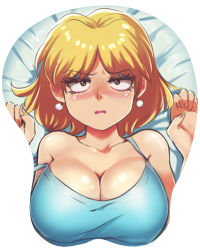 Rule 34 | 1girl, blonde hair, blush, breast mousepad, breasts, camisole, cleavage, collarbone, earrings, highres, jcm2, jewelry, large breasts, lori loud, makeup, mousepad, mousepad (medium), open mouth, solo, strap slip, the loud house, upper body, yellow eyes