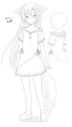 Rule 34 | 1girl, adapted costume, animal ears, bad id, bad twitter id, dress, fang, fang out, frilled dress, frilled sleeves, frills, full body, greyscale, imaizumi kagerou, kazawa (tonzura-d), long hair, monochrome, multiple views, short sleeves, smile, tail, touhou, wolf ears, wolf tail