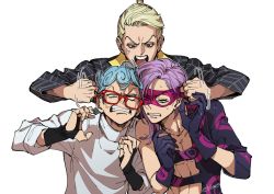 Rule 34 | 3boys, abs, anger vein, angry, black eyes, black gloves, black jacket, black suit, blonde hair, blue eyes, blue hair, clenched hands, clenched teeth, collarbone, collared shirt, constricted pupils, crooked eyewear, fingerless gloves, frown, ghiaccio, glasses, gloves, hair between eyes, hands up, jacket, jojo no kimyou na bouken, long hair, long sleeves, looking at another, looking down, male focus, mask, melone, mojisan (ebimo), motion lines, multiple boys, noogie, open mouth, pain, prosciutto, purple hair, purple shirt, red-framed eyewear, shirt, short hair, shouting, simple background, suit, sweatdrop, teeth, upper body, v-shaped eyebrows, vento aureo, white background, white shirt, yellow shirt