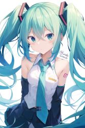 Rule 34 | 1girl, black skirt, black sleeves, blue necktie, blush, breasts, closed mouth, collarbone, collared shirt, commentary request, detached sleeves, green eyes, grey hair, hair between eyes, hatsune miku, highres, long hair, long sleeves, necktie, pleated skirt, shirt, simple background, skirt, sleeveless, sleeveless shirt, small breasts, solo, tateishi kureha, tie clip, twintails, twitter username, very long hair, vocaloid, white background, white shirt