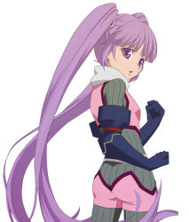 Rule 34 | 1girl, artist request, blue gloves, bodysuit, clenched hand, cowboy shot, gloves, long hair, looking back, purple eyes, purple hair, solo, sophie (tales), tales of (series), tales of graces, twintails, white background
