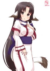 Rule 34 | 1girl, ahoge, ainu clothes, alternate costume, animal ears, artist logo, black hair, brown eyes, commentary request, cosplay, cowboy shot, dated, dog ears, dog tail, eruruu (cosplay), eruruu, highres, kanon (kurogane knights), kantai collection, layered sleeves, long hair, long sleeves, looking at viewer, shouhou (kancolle), simple background, solo, tail, trait connection, utawarerumono, white background
