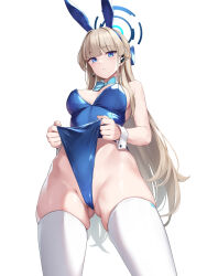 Rule 34 | 1girl, absurdres, animal ears, blonde hair, blue archive, blue eyes, blue leotard, blush, bow, bowtie, breasts, cameltoe, detached collar, earpiece, fake animal ears, frontal wedgie, gluteal fold, halo, highleg, highleg leotard, highres, leotard, long hair, looking at viewer, medium breasts, official alternate costume, partially visible vulva, playboy bunny, rabbit ears, rebutsu, solo, strapless, strapless leotard, thighhighs, thighs, toki (blue archive), toki (bunny) (blue archive), very long hair, wedgie, white thighhighs, white wrist cuffs, wrist cuffs