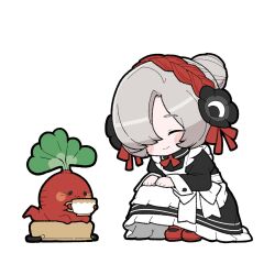 Rule 34 | 1girl, akichi 360, alternate costume, apron, black dress, black flower, blush, braid, closed eyes, closed mouth, cooking pot, creature, crown braid, cup, dress, enmaided, flower, grey hair, hair bun, hair flower, hair ornament, hair over one eye, hands on own knees, highres, holding, holding cup, isekai joucho, kamitsubaki studio, long dress, long sleeves, maid, maid apron, mary janes, multicolored hair, one eye closed, radish, red footwear, red hair, shoes, short hair, simple background, single hair bun, sitting, sitting on object, sleeve cuffs, smile, solo, squatting, streaked hair, teacup, virtual youtuber, white apron, white background