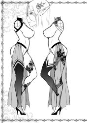 Rule 34 | 1girl, belt, breasts, cross-section, eireen (usagi nagomu), elf, greyscale, hair ornament, high heels, highres, huge breasts, jewelry, long hair, monochrome, multiple views, necklace, original, parted lips, pointy ears, scan, standing, standing on one leg, usagi nagomu