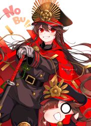 Rule 34 | 2girls, arms up, artist name, black hair, black headwear, black jacket, black pants, brown hair, cape, character name, chibi, commentary, dutch angle, fate (series), grin, hair between eyes, hands on hilt, hat, highres, jacket, katana, koha-ace, long hair, looking at viewer, military hat, military uniform, multiple girls, o o, oda nobunaga (fate), oda nobunaga (koha-ace), oda uri, pants, peaked cap, planted, planted sword, planted weapon, red cape, red eyes, signature, simple background, smile, solid circle eyes, standing, sword, twitter username, uniform, very long hair, weapon, white background, yui (tamagohan)