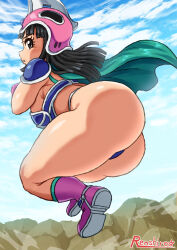 Rule 34 | 1girl, absurdres, armor, ass, bikini armor, black hair, blue sky, boots, breastplate, breasts, cape, chi-chi (dragon ball), cloud, curvy, day, dragon ball, dragon ball (classic), dragonball z, female focus, from below, from side, full body, gloves, helmet, highres, huge ass, large breasts, long hair, looking at viewer, parted lips, pink footwear, pink gloves, rock, shoulder armor, sky, solo, thick thighs, thighs, tonshirou (christar)