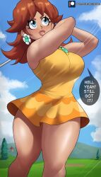 Rule 34 | 1girl, absurdres, blue eyes, blush, breasts, brown hair, cloud, dress, earrings, echo saber, english text, flower earrings, freckles, golf club, golf daisy, grass, highres, hill, jewelry, large breasts, lipstick, long hair, makeup, mario (series), mario golf, mario golf: world tour, nintendo, outdoors, patreon username, princess daisy, sky, sleeveless, sleeveless dress, smile, thick thighs, thighs, thought bubble, wide hips, yellow dress