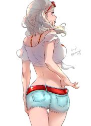 Rule 34 | 1girl, ass, belt, blonde hair, blouse, blue eyes, blue shorts, cowboy shot, denim, denim shorts, earrings, eyewear on head, floating hair, from behind, heart, heart earrings, highres, jewelry, komugi (mugiwaraclub), long hair, looking at viewer, looking back, midriff, off-shoulder shirt, off shoulder, persona, persona 5, persona 5 scramble: the phantom strikers, red-framed eyewear, red belt, shirt, short shorts, short sleeves, shorts, shoulder blades, silver hair, simple background, solo, standing, sunglasses, tagme, takamaki anne, thigh gap, tied shirt, tongue, tongue out, torn clothes, torn shorts, twintails, twitter username, white background, white shirt, yellow eyes