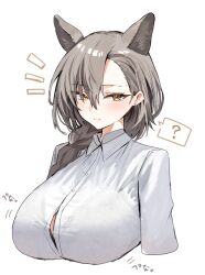 Rule 34 | 1girl, ?, animal ears, arknights, blush, bra visible through clothes, breasts, bursting breasts, commentary request, grey hair, highres, horn/wood, huge breasts, long hair, looking at viewer, penance (arknights), simple background, solo, upper body, white background, wolf ears, yellow eyes