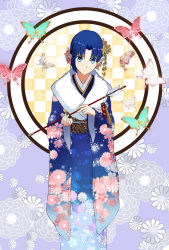 Rule 34 | 1girl, alternate costume, axia-chan, blue eyes, blue hair, bug, butterfly, checkered background, ciel (tsukihime), hair ornament, highres, insect, japanese clothes, kimono, obi, sash, short hair, solo, tsukihime, wide sleeves, yukata