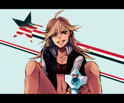 Rule 34 | 10s, 1girl, 34 (pixiv), aiming, aiming at viewer, back lace, blonde hair, blue eyes, gun, highres, jacket, letterboxed, long hair, panty &amp; stocking with garterbelt, panty (psg), smile, solo, star (symbol), weapon
