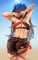 Rule 34 | 1girl, arms behind head, arms up, ass, asymmetrical clothes, back, bare shoulders, belt, black shorts, blonde hair, blue sky, breasts, brown hair, cowboy shot, dark-skinned female, dark skin, dehya (genshin impact), duplicate, facing away, foxyreine, from behind, genshin impact, hair intakes, highres, large breasts, long hair, multicolored hair, revision, shorts, sky, solo, standing, streaked hair, thighs, vision (genshin impact)