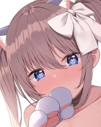 Rule 34 | 1girl, animal ear fluff, animal ears, animal hands, blue eyes, blush, bow, brown hair, cat ears, cat girl, cat paws, collarbone, cropped, dot nose, extra ears, gloves, hair between eyes, hair bow, heart, heart-shaped pupils, looking at viewer, nekokobushi, original, paid reward available, paw gloves, symbol-shaped pupils, twintails, white bow