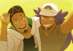 Rule 34 | 2boys, absurdres, arm up, baseball cap, black shirt, bright pupils, clenched teeth, commentary, creatures (company), dark-skinned male, dark skin, english commentary, facial hair, game freak, grey shirt, grin, hand on headwear, hat, highres, hood, hoodie, kia shie, kukui (pokemon), leon (pokemon), long hair, looking at viewer, male focus, multiple boys, nintendo, open clothes, open hoodie, open mouth, pokemon, pokemon sm, pokemon swsh, purple hair, shirt, smile, teeth, upper body, white headwear, white hoodie
