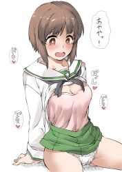 Rule 34 | 1girl, black neckerchief, blouse, blush, breasts, bright pupils, brown hair, camisole, cleavage, clothes lift, commentary, crotch seam, elf (stroll in the woods), girls und panzer, green skirt, heart, highres, light frown, long sleeves, medium breasts, miniskirt, neckerchief, nishizumi miho, ooarai school uniform, open mouth, panties, pink camisole, pleated skirt, sailor collar, school uniform, serafuku, shirt, shirt lift, short hair, simple background, sitting, skirt, skirt lift, solo, translated, underwear, white background, white panties, white pupils, white sailor collar, white shirt