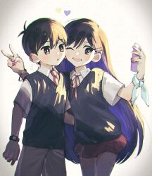 Rule 34 | 1boy, 1girl, black eyes, black hair, black sweater vest, blush, bright pupils, brother and sister, cellphone, collared shirt, hair ornament, hairclip, heart, long hair, mari (faraway) (omori), mari (omori), omori, one eye closed, open mouth, parted lips, phone, pleated skirt, purple nails, red skirt, shirt, short hair, short sleeves, siblings, skirt, smartphone, smile, sunny (omori), sweater vest, toastytoast, watch, white pupils, white shirt, wristwatch