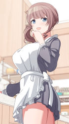 Rule 34 | 1girl, apron, blue eyes, breasts, brown hair, clothes, female focus, highres, long hair, looking at viewer, medium breasts, mochizuki honami, open mouth, ponytail, project sekai, school uniform, solo, white apron