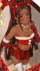Rule 34 | 1girl, bridal gauntlets, brown eyes, brown hair, commentary, dark skin, earrings, elbow gloves, english commentary, forehead, gloves, hand on own hip, highres, jewelry, long hair, looking at viewer, midriff, miniskirt, nail polish, nashidrop, navel, original, pleated skirt, pom pom (clothes), red gloves, red nails, red skirt, santa costume, skirt, solo, standing, stomach, strapless, thighhighs, tube top, very long hair, white thighhighs