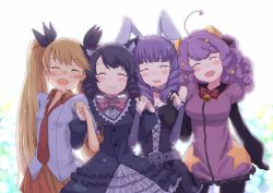 Rule 34 | 10s, 4girls, ahoge, animal ears, backlighting, bell, belt, black dress, black hair, blonde hair, blush, bonnet, bow, breasts, cat ears, chuchu (show by rock!!), closed eyes, cyan (show by rock!!), dress, drill hair, girl sandwich, glasses, gothic lolita, hair ribbon, happy tears, holding hands, interlocked fingers, kokotetsu, large breasts, lolita fashion, long hair, long sleeves, moa (show by rock!!), multiple girls, necktie, open mouth, pantyhose, pink dress, purple hair, rabbit ears, retoree (show by rock!!), ribbon, sandwiched, shirt, show by rock!!, simple background, skirt, smile, tears, twintails, very long hair, wavy hair