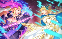 Rule 34 | 2girls, armor, arthur (monster strike), bare shoulders, blonde hair, blue cape, breastplate, breasts, cape, cleavage, floating, floating object, floating weapon, glowing, glowing sword, glowing weapon, hair ornament, halo, highres, holding, holding sword, holding weapon, large areolae, long hair, lucifer (monster strike), monster strike, multiple girls, pauldrons, purple halo, shoulder armor, sketch210 show, sword, tiara, weapon, white veil