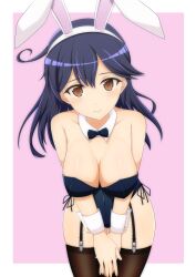 Rule 34 | 1girl, ahoge, alternate costume, animal ears, bell shireikan, black hair, black leotard, black thighhighs, blush, bow, bowtie, breasts, brown eyes, cleavage, covered navel, detached collar, fake animal ears, garter straps, highres, kantai collection, large breasts, leotard, long hair, looking at viewer, pink background, playboy bunny, rabbit ears, smile, solo, strapless, strapless leotard, thighhighs, ushio (kancolle), white background, wrist cuffs