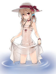 Rule 34 | 1boy, bare shoulders, blush, bracelet, brown hair, choker, christine (kuro (kuronell)), closed mouth, collarbone, crossdressing, dress, hair between eyes, hair bobbles, hair ornament, hat, hat ribbon, holding, holding clothes, holding skirt, jewelry, legs apart, looking at viewer, low twintails, male focus, original, partially submerged, red choker, red eyes, red ribbon, ribbon, ring, ripples, see-through, skirt, sleeveless, solo, sundress, sweatdrop, tama (tamatamo), trap, twintails, wading, water, wedding band, wet, wet clothes, white dress