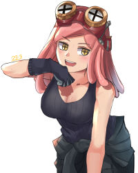 Rule 34 | 1girl, :d, absurdres, black gloves, black shirt, blush, boku no hero academia, breasts, cleavage, commentary, cowboy shot, dated, daweykun, english commentary, gloves, goggles, goggles on head, hatsume mei, highres, long hair, open mouth, pink hair, ribbed shirt, shirt, simple background, sleeveless, sleeveless shirt, smile, solo, sweat, symbol-shaped pupils, white background, yellow eyes