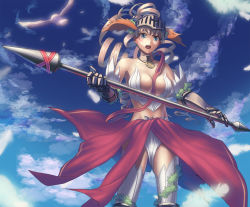 Rule 34 | 1girl, athena (lord of vermilion), bird, blonde hair, blue eyes, boots, choker, cloud, cuboon, day, feathers, gloves, head wings, helmet, lance, lord of vermilion, open mouth, polearm, solo, thigh boots, thighhighs, weapon, wings