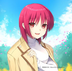 Rule 34 | 10s, 1girl, angel beats!, artist name, blazer, iwasawa masami, jacket, looking at viewer, open clothes, open jacket, open mouth, red eyes, red hair, remotaro, short hair, solo, sweater, turtleneck, white sweater