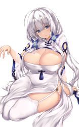 Rule 34 | 1girl, absurdres, arashiki mamizu, azur lane, blue eyes, breasts, bursting breasts, china dress, chinese clothes, cleavage, dress, folding fan, full body, garter straps, hand fan, highres, holding, holding fan, huge breasts, illustrious (azur lane), illustrious (maiden lily&#039;s radiance) (azur lane), long hair, looking at viewer, mole, mole under eye, official alternate costume, short sleeves, simple background, sitting, skindentation, solo, thighhighs, tri tails, very long hair, white background, white dress, white hair, white thighhighs, yokozuwari